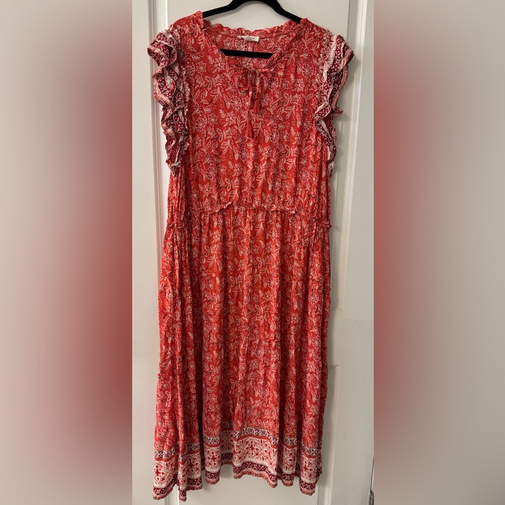1AD3 - Beach Lunch Lounge Orange & White Boho Floral Flutter Sleeve Midi Dress